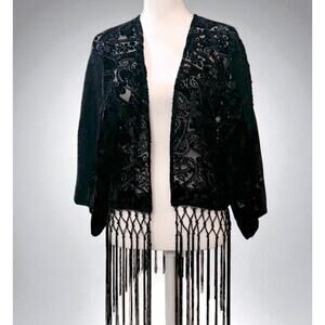 Miss Me Kimono Burnout Black Velvet Sheer Back Fringe Womens Size Medium